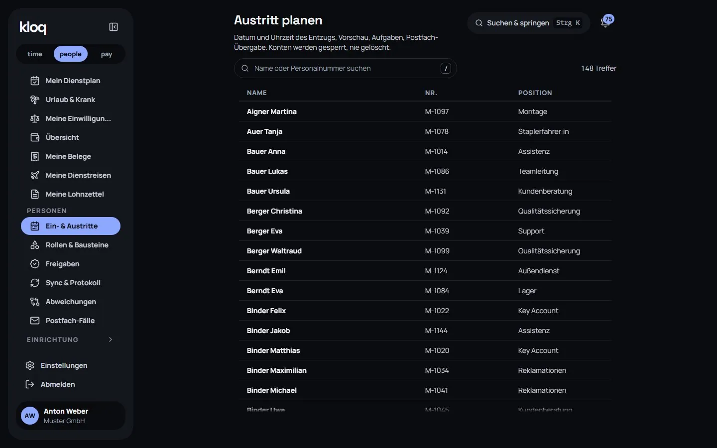 Austritt planen mit Liste aller Personen