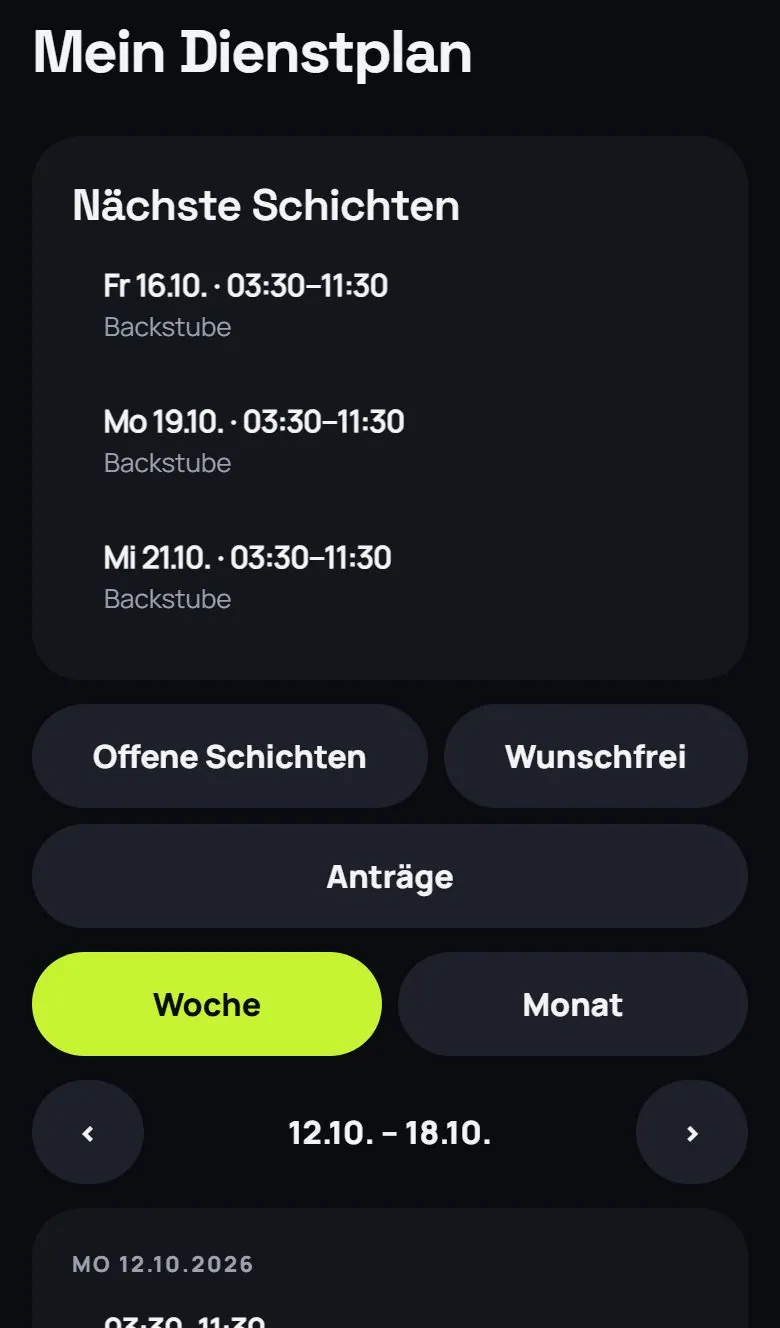 Mein Dienstplan in der App mit den nächsten Schichten