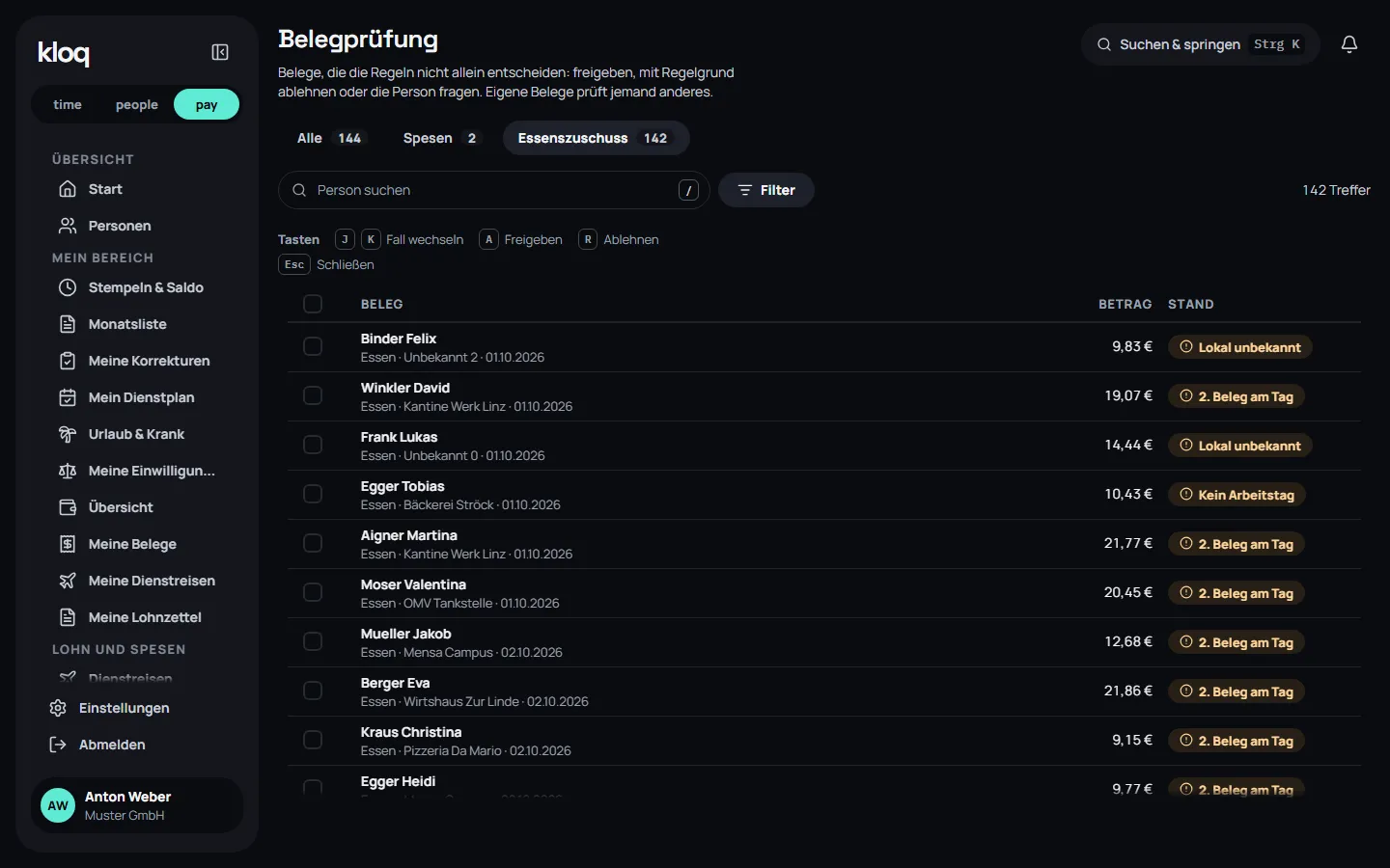 Receipt review in kloq. pay: list of meal receipts with amount and review status