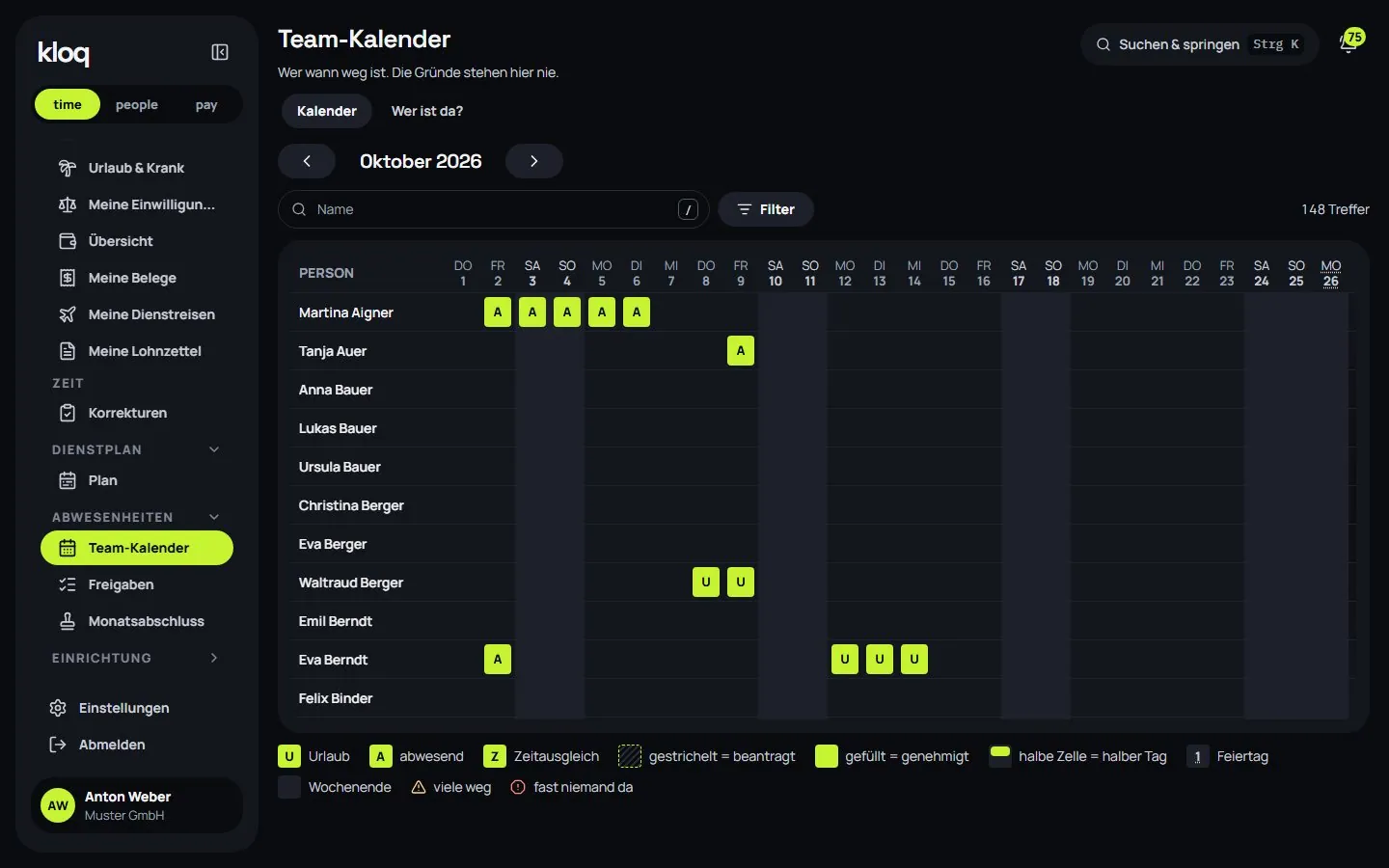 Team-Kalender Oktober mit Abwesenheiten